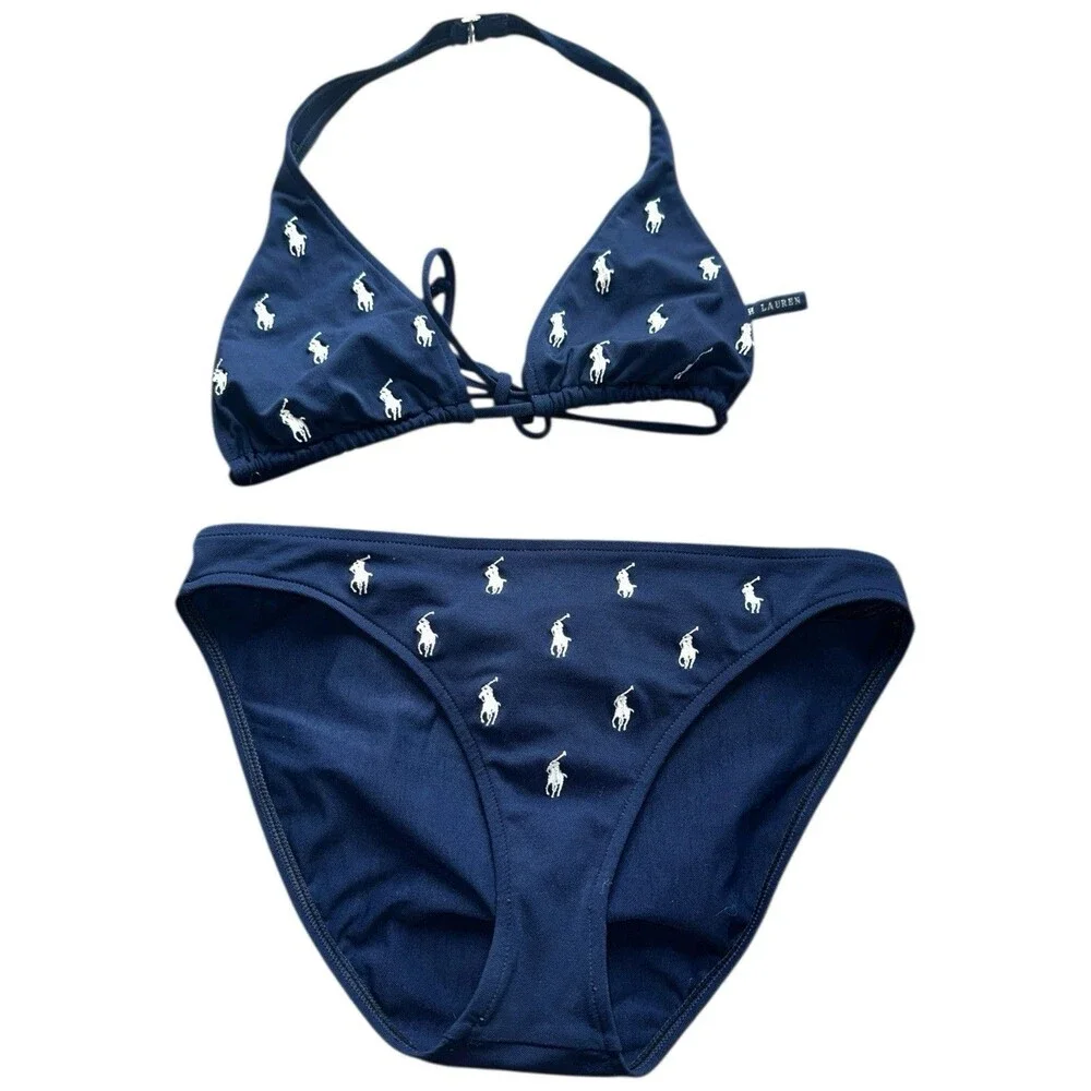 Vintage Polo Ralph Lauren Bikini Medium Navy Blue Embroidered White Pony 90s